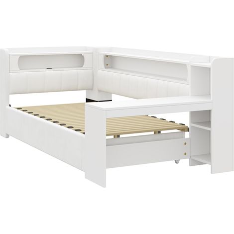 Cama de día tapizada blanca con cama nido, USB, LED, escritorio y estantes 90x200 cm (1/5)