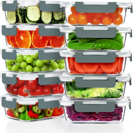 Set di 10 contenitori per il pranzo in vetro ermetici con coperchio, senza BPA, adatti a microonde, forno, congelatore e lavastoviglie, grigio
