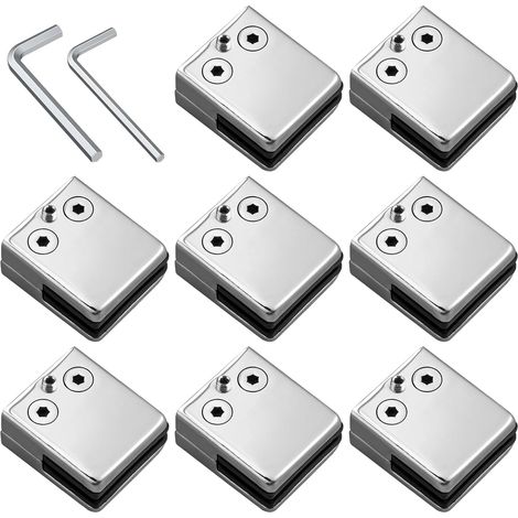 Set aus 8 mittelgroßen (8–9 mm) Edelstahl-Glasklemmen – flache Rückseite, polierte Oberfläche, rostbeständige Befestigungselemente mit Klemmschrauben für Geländer, Balustraden, Treppen und Handläufe.
