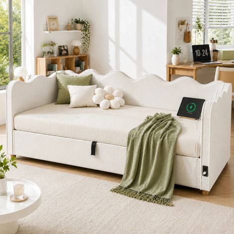 Lit de jour 90x200 cm avec espace de rangement hydraulique, lit rembourré, lit de jour, canapé-lit avec USB et dossier, velours, beige (1/5)