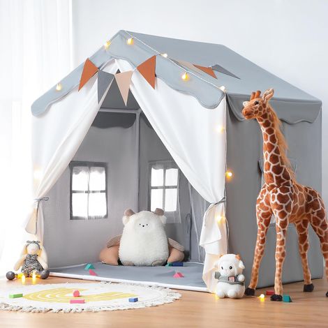 Tente Enfant 2 en1, Cabane Enfant Intérieure avec Tapis Rembourré, Drapeaux, Tente de Jeu pour Enfants Princesse, Idéal pour la Décoration de Chambre d'enfants et Fête (Gris)