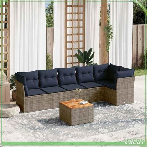 Salon de jardin - 3255984 - 7 pcs modulaire - Résine tressée gris - Coussins bleu marine déhoussables (1/5)