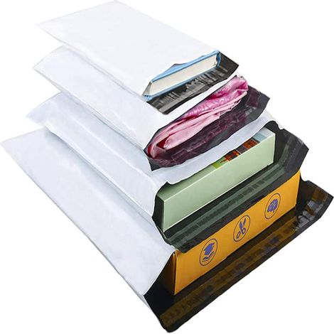 Pack of 100 vintage plastic mailing bags, mixed shipping envelopes, C5, A4, B4, A3, waterproof, tamper-proof, resistant, self-adhesive for clothes, books, white (1/5)