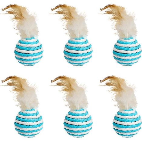 Lot de 6 jouets mignons pour chatons : balle en sisal à plumes, jouet interactif d'intérieur - Bleu (1/5)