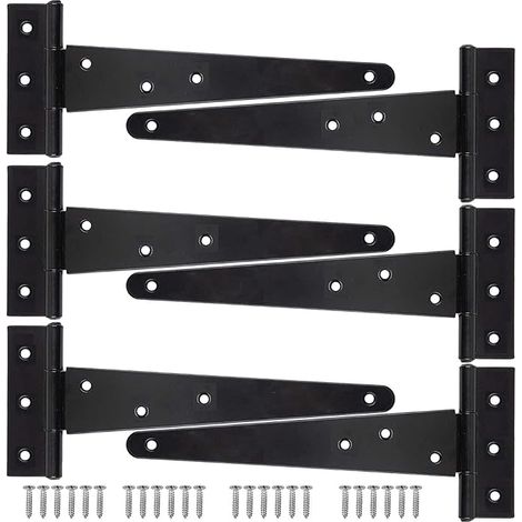 KAHEIGN 6 Stück T-förmiges Scharnier für Gartenhäuser, 25 cm robustes T-Scharnier aus Metall für Gartentore, rostfreie T-Riemen-Scharniere für Gartenhaustüren und Scheunentore (Schwarz) (1/5)