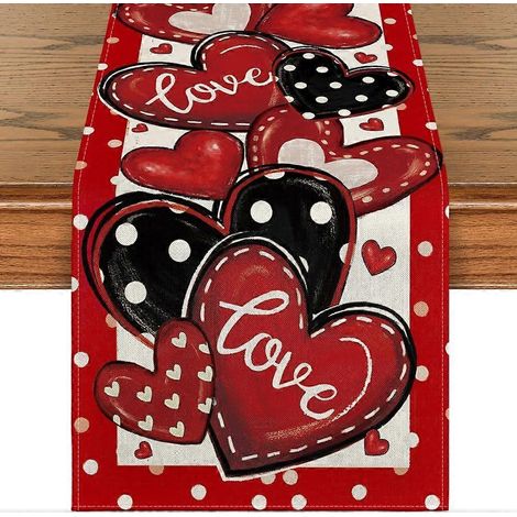 Chemin de table à pois rouges en forme de cœur pour la Saint-Valentin, anniversaire, mariage ou cuisine (1/5)