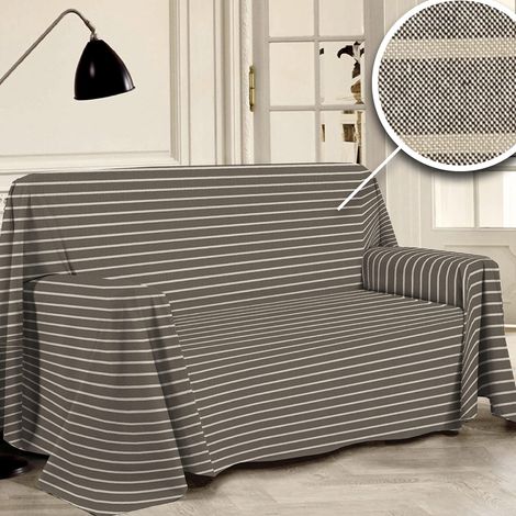 Toile Couvre Canapé 180 x 290 cm, Housses Canape 100% Coton Pur Recyclé Teint en Fil, Fantaisie à Rayures Tabac, Housse de Meuble, Couverture Pique-Nique (1/5)