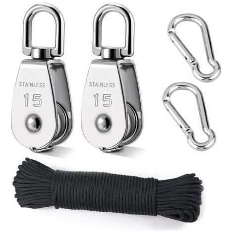Heberolle, 2 x 15 mm Rollen aus Edelstahl 304, 2 einzelne M15 Rollen, für Seile und Kabel, mit 8 mm Kletterseil (20 m). (1/5)