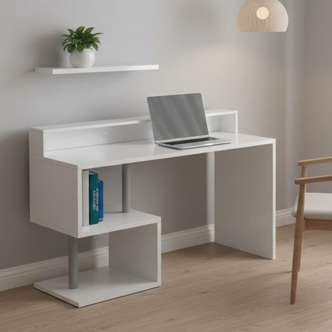 Bureau linéaire avec étagères de rangement, bureau polyvalent avec plateau, 140x60h93 cm, Blanc (1/5)