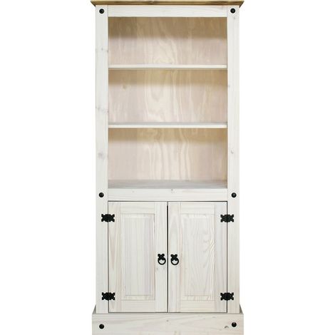 Bibliothèque en Pin Massif avec 2 Portes et 3 Niches Meuble de Rangement Blanc et Miel - PANGIVO (1/4)