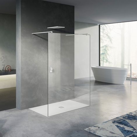 GRAND VERRE Paroi de douche fixe 80x200 avec deux barres de fixation 140cm en aluminium blanc mat (1/4)