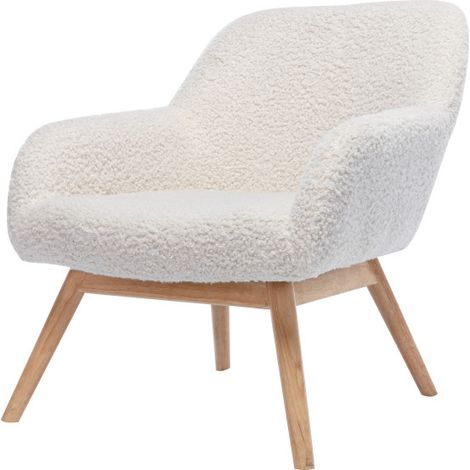 MALMO, Fauteuil lounge en tissu bouclé écru et hévéa naturel (1/5)