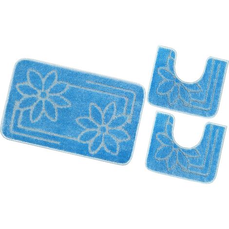 Tappeto Bagno Set 3 Pezzi Tinta Unita Antiscivolo Assorbente Scendietto 100% Made In Italy - Azzurro (1/4)