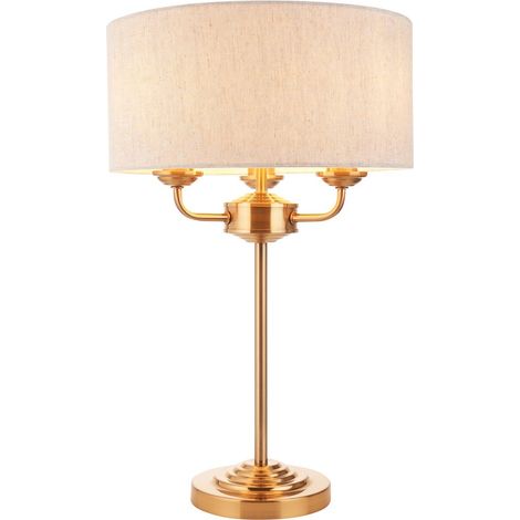 Endon Highclere Lampe de table avec abat-jour rond en laiton vintage, lin naturel, 3x E14 (1/5)
