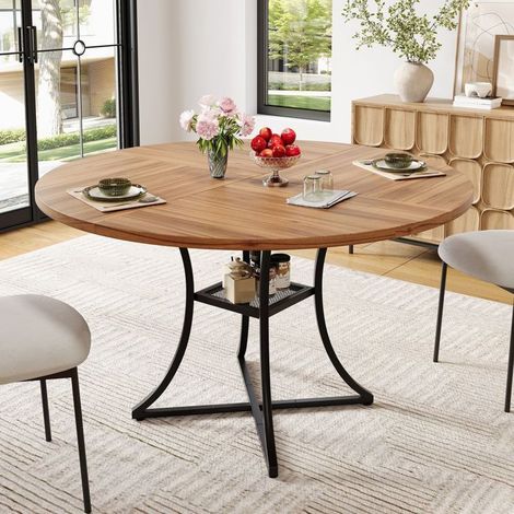 Table à Manger Ronde 100 cm 4 à 6 personnes plateau MDF effet noyer piètement métal noir design en X étagère de rangement intégrée (1/5)