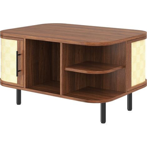 Table basse avec rangement, surface tressée en MDF, pieds métal, 80x60x47 cm, couleur noyer (1/5)