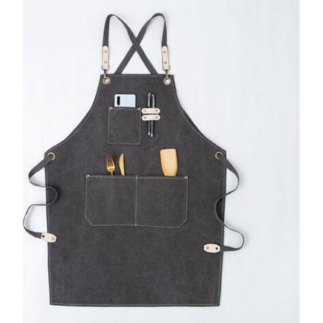Tablier de travail homme/femme, tablier de cuisine, sangle en toile réglable avec 3 poches, tablier de charpentier pour barbecue, boulanger, charpentier, tatoueur, coiffeur, barista, peintre - Gris (1/5)