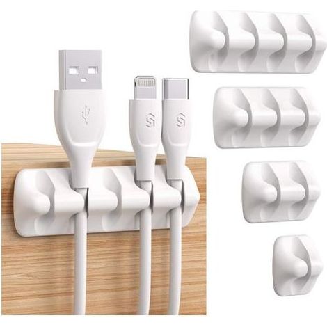 Clips Câble Organisateur Bureau - Lot de 5 - Range Câbles Silicone Fixe Câble Adhésif Attache-Câble Rangement Cordon de Bureau pour Câbles de Chargeur/Souris/Écouteur/Téléphone-Blanc (1/5)