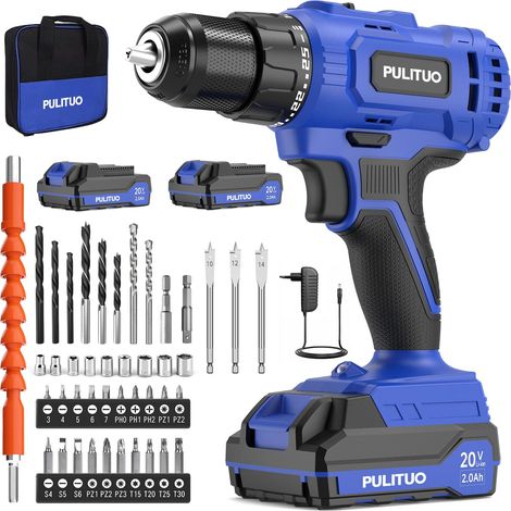 Perceuse Visseuse Sans Fil, Visseuse Dévisseuse Sans Fil 20V avec 2 Batteries, 45 Nm, 25+1 Réglages de Couple, Mandrin Auto-Serrant 1/2 Pouce, 2 Vitesses, avec Accessoires et Sac de Rangement (1/5)