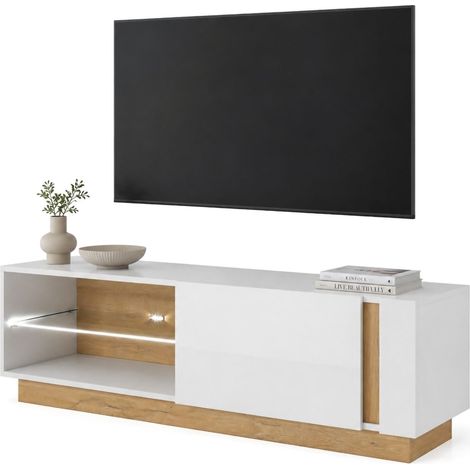 Mobile Porta tv Kagale, 2 Ripiani, Un'anta, Ripiano in Vetro, 138x40x46h cm Marrone Rovere Nodi