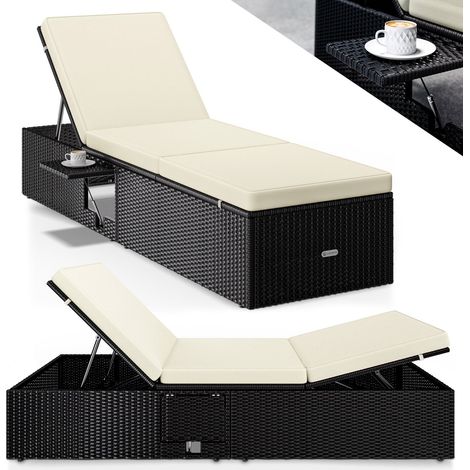 CASARIA® Sonnenliege mit Klapptisch Wetterfest 7cm Auflagen Gartenliegen 160kg Belastbar 7-fach Verstellbar Liegestuhl Polyrattan 200x58cm Schwarz Creme (1/5)