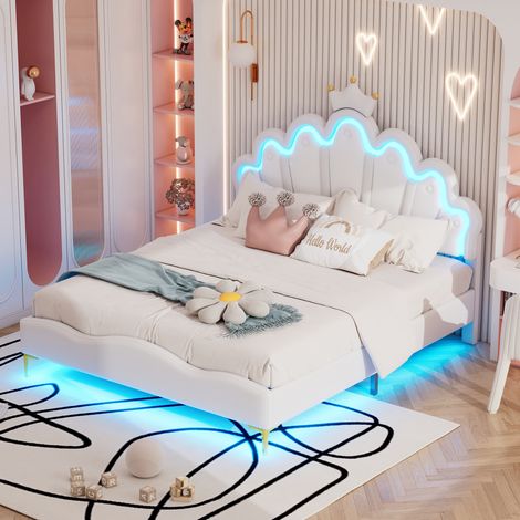 Lit double 140x200 cm, cadre de lit princesse avec couronne, rembourrage moelleux en similicuir, bande LED ambiante réglable, blanc (1/4)
