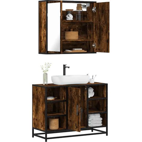 Set de muebles baño 2 pzas madera contrachapada roble ahumado