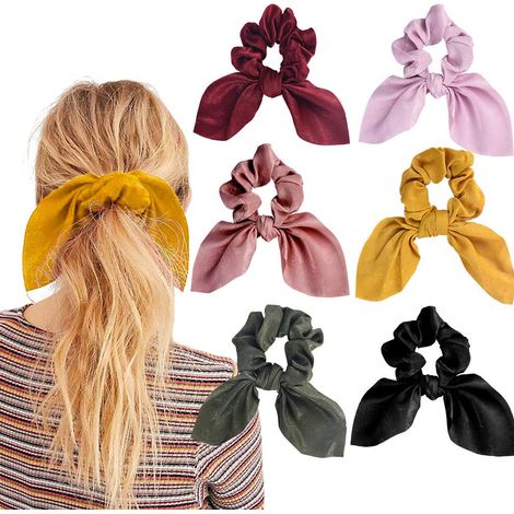 Scrunchie Cheveux - Satin Élastique Rabattable avec Nœud Lapin - Pour Femmes et Filles - 6 Pièces - 6 Couleurs (1/5)