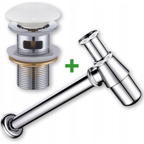 Set: tappo in ceramica click-clack con troppopieno + sifone per lavabo bianco (1/5)