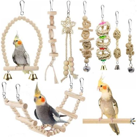 Jouet Perruche Lot de 9 Perucheen bois naturel pour cage à perruches, perchoirs à oiseaux, balançoire, clochette à suspendre et jouets à mâcher pour petites perruches (1/5)