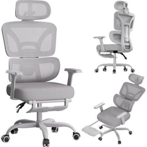 ECOFURNIX - Silla Ergonómica y Alta, Sillón de Oficina de Malla Transpirable, Respaldo Ajustable, Giratoria 360°, Gris (1/5)