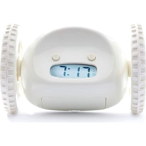 Wecker auf Rädern. extra laut für schwere Schläfer. Erwachsene oder Kinder. Schlafzimmer. Roboteruhr. lustig. rollend. weglaufend. bewegend. springen. weiß