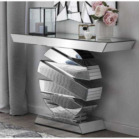 Table console design futuriste en verre miroir et MDF avec base ronde pour salon et entrée - PANGIVO (1/3)