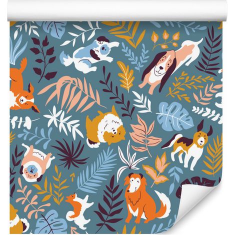 Papel pintado con perros alegres y plantas tropicales para salón y dormitorio, 50x1000 cm. (1/5)