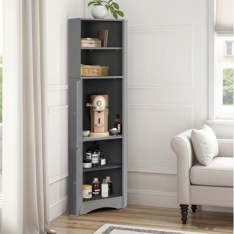 Meuble d'angle de salle de bain 36,5x36,5x155 cm en panneaux de bois gris, gain de place FloraGrace (1/5)