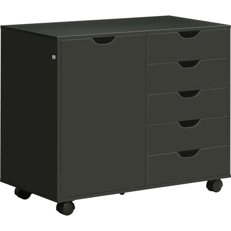 Meuble de bureau à 5 tiroirs, 1 porte, étagère réglable et plateau pour imprimante sur roulettes, 78 x 40 x 66,5 cm, noir (1/5)