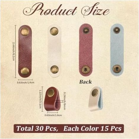 30 Serre Câbles en Cuir de Vache Véritable Sangles Rangement pour Cordons USB Multifonctions et Réutilisables avec Bouton Pression Voyage Maison Bureau Téléphone (Blanc) Marron Brownwhite - (1/4)