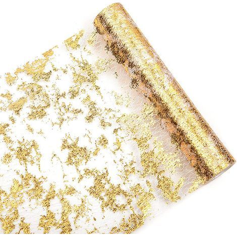 Chemin De Table Filet avec Feuille d'or,28cmx9m Chemin De Table Polyester,Ruban De Table Métallisé Décoration pour Fête,Célébrations,Anniversaire, Mariage, Noël, Fêtes De Bébé,DIY,etc (1/5)