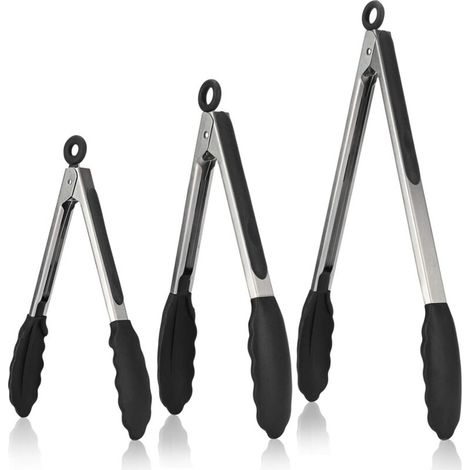 Pinze da cucina, set da 3, in acciaio inox 18/8, con manici in silicone resistenti al calore (fino a 315 °C), antiaderenti, senza BPA, nere.