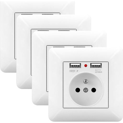 Lot de 4 Prise Électrique Murale 16A avec Double USB et LED – Prise Encastrable 240V Norme Française Blanc