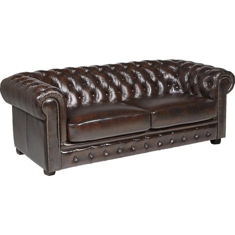 Divano Chesterfield a 3 posti 100% pelle di bufalo Marrone con riflessi castani - BRENTON