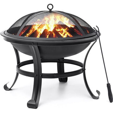 Stahl Feuerstelle 55cm mit Funkenschutz, Holzrost & Schürhaken für draußen, Garten, Terrasse, Camping & Picknick (1/5)