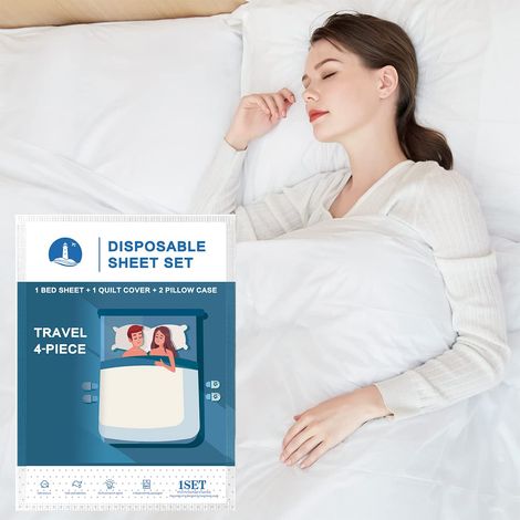 Parure de lit jetable avec Housse de Couette et taie d'oreiller pour hôtel et Voyage - Ensemble de draps Portables prêts à l'emploi (4 pièces pour lit Double) (1/5)