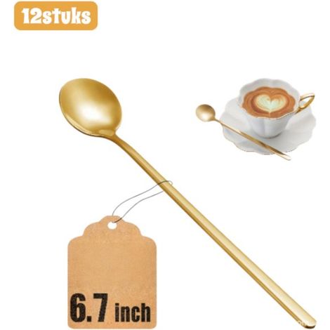 12 piezas - Cucharas - Cucharas de acero inoxidable con mango largo - Aptas para café, miel y postres - Regalo ideal - 17 cm - Dorado (1/5)