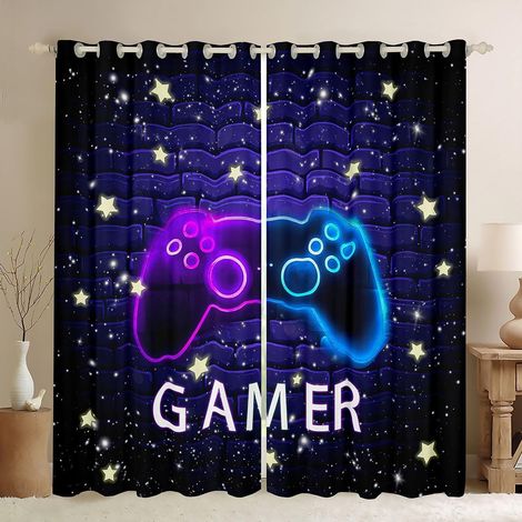 Rideau de jeu pour garçon - Décoration d'intérieur - Console de jeu - Violet et bleu fluo - Pour filles et garçons - Paillettes brillantes - Étoiles - Brique - Mur - Pour le bureau - Taille XXL - 260x (1/5)
