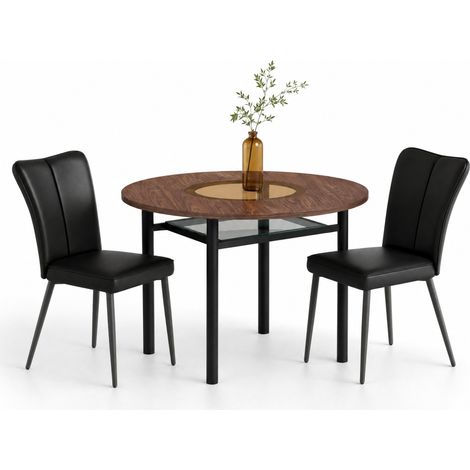 ELVMI Esstisch-Set mit 1 Rundem Tisch und 2 Stühlen, MDF, Glas, Metall und PU, Braun und Schwarz (1/5)