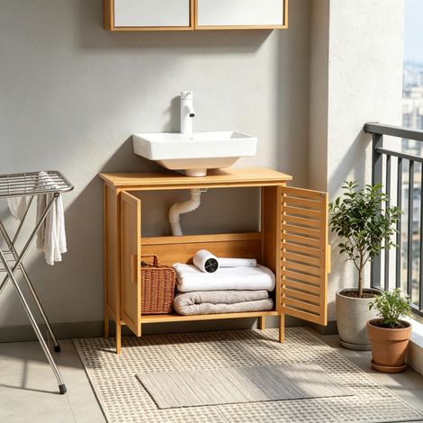 Meuble sous-vasque de salle de bain avec 2 portes coulissantes plates pour le rangement de la salle de bain (1/5)