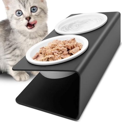 Set di ciotole per gatti VHV, ciotola per acqua e bibite per gatti, 1 set con 3 ciotole rialzate per cibo e cibo per cani e gatti, inclinazione di 15°, robuste, per cani/gatti, nere (1/5)