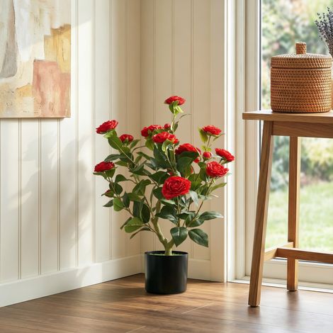 Planta Artificial de Camelia 65 cm Árbol Artificial en Maceta con Flores de Seda Realistas 116 Hojas Efecto Musgo Rojo (1/5)