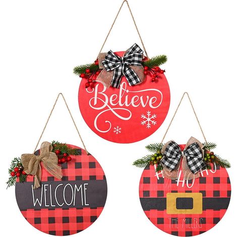 Panneau De Porte De Noël - Décoration En Bois Avec Motif Carreaux Buffalo Et Baies - Pour Intérieur Et Extérieur - 30 X 30 Cm - 1 Pièce (1/5)